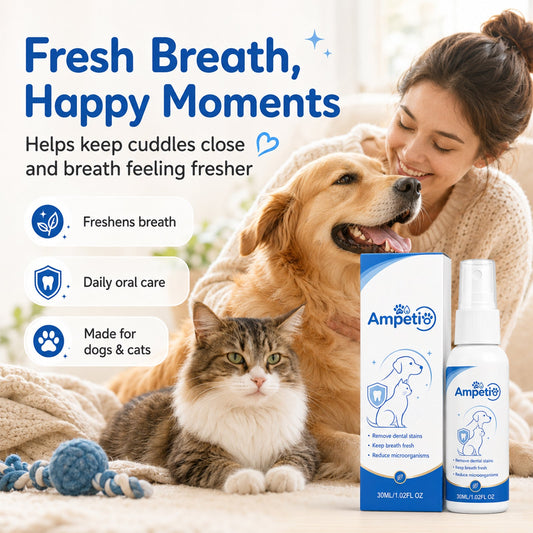 Ampetio Pet Teeth Cleaning Spray | No Brushing Oral Care for Dogs & Cats, Eliminate Bad Breath & Reduce Plaque