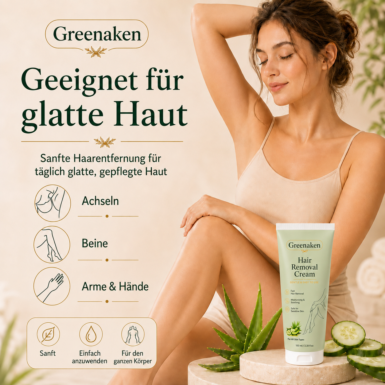 Greenaken™ Sanfte natürliche Haarentfernungscreme | Für Frauen & Männer, empfindliche Haut