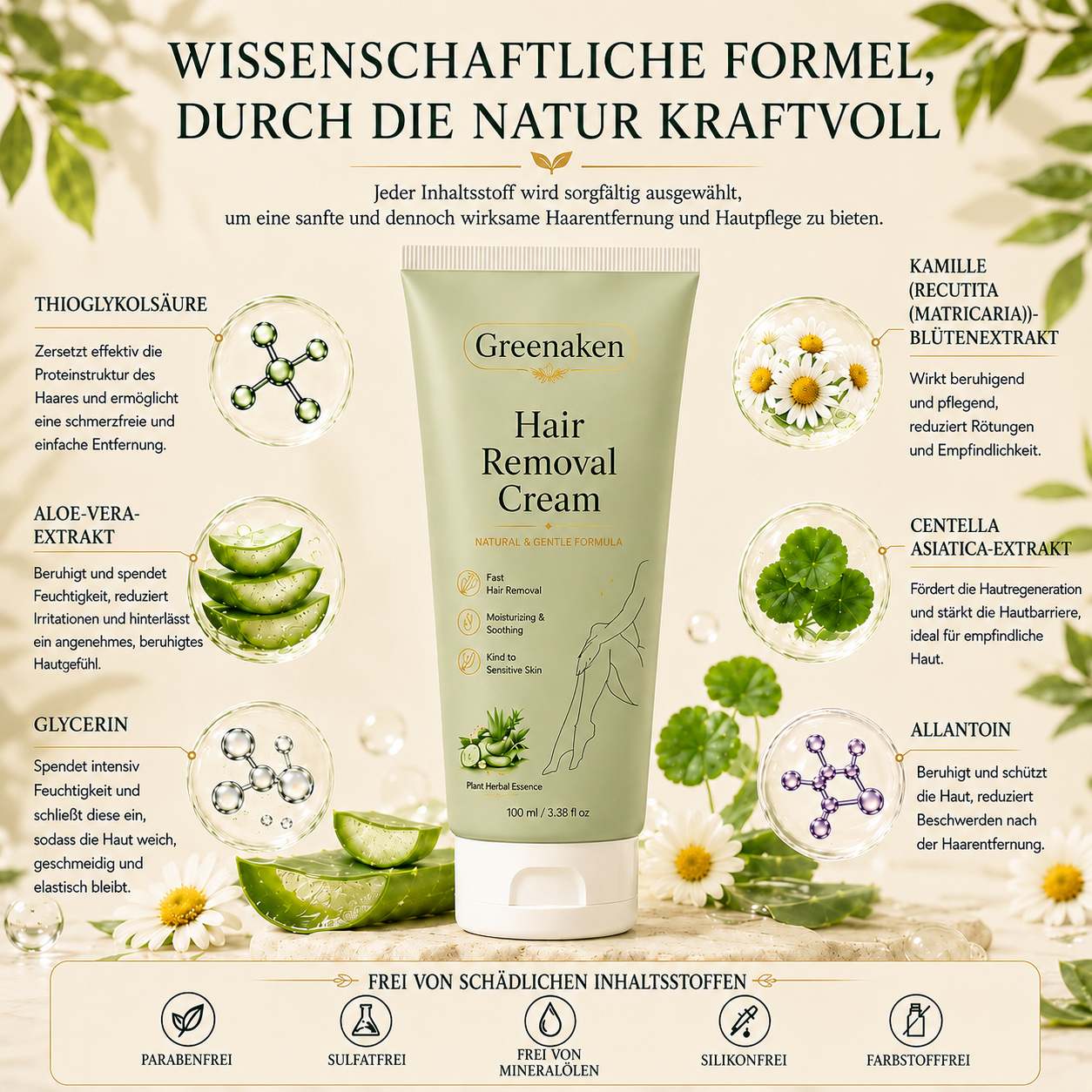 Greenaken™ Sanfte natürliche Haarentfernungscreme | Für Frauen & Männer, empfindliche Haut