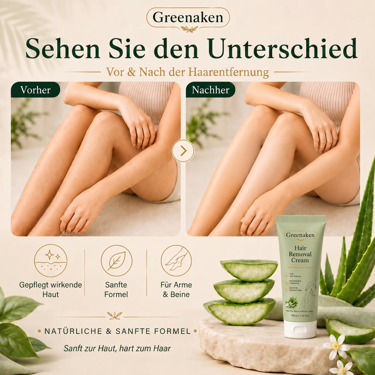Greenaken™ Sanfte natürliche Haarentfernungscreme | Für Frauen & Männer, empfindliche Haut