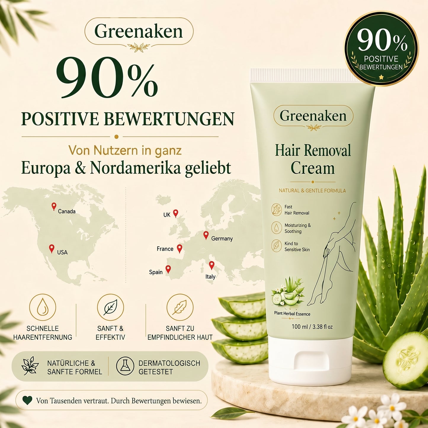 Greenaken™ Sanfte natürliche Haarentfernungscreme | Für Frauen & Männer, empfindliche Haut