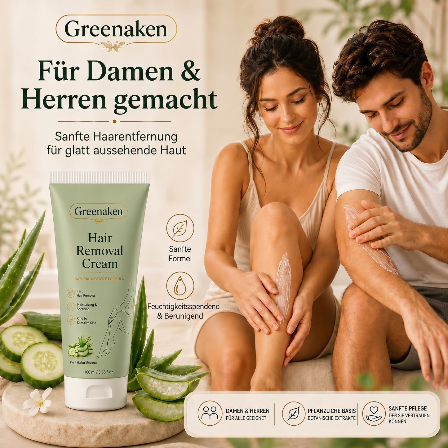 Greenaken™ Sanfte natürliche Haarentfernungscreme | Für Frauen & Männer, empfindliche Haut